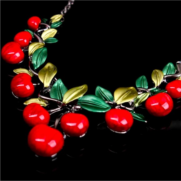 NWT. Betsy Johnson. Red Green Enameled Cherries jewelry Set(Necklace/Earrings) - Picture 7 of 8